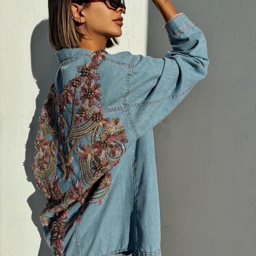 One of a Kind Embroidered Denim Jacket - Pink Crystals and Beads